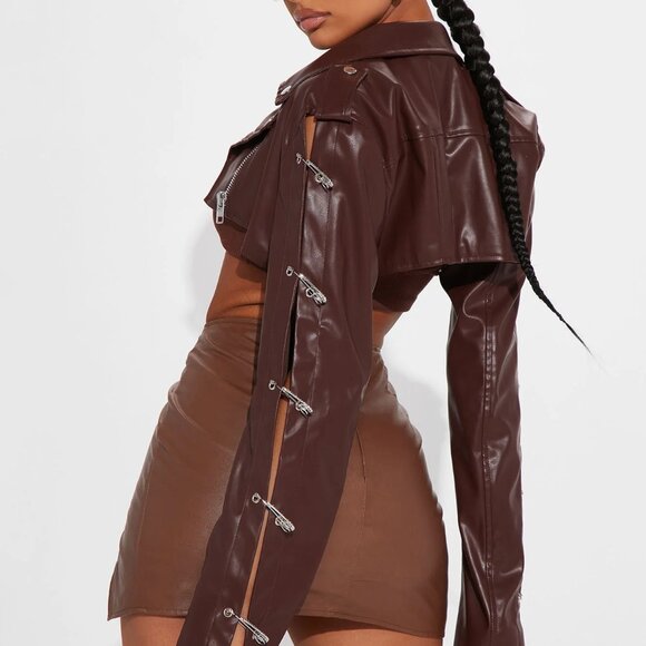 Less Is More Ultra Cropped Jacket - Chocolate FASHION NOVA - Brown Pleather Moto - Picture 3 of 3